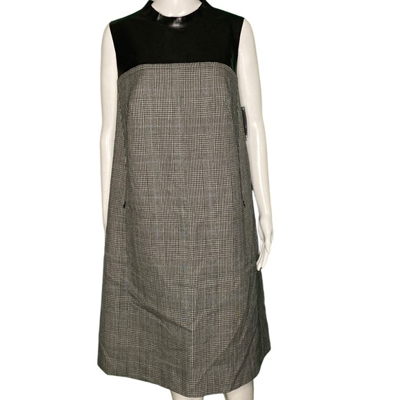 NWT Akris Punto Mixed Media Vegan Leather Panel Plaid Wool Dress - Sz 12 - Picture 3 of 9
